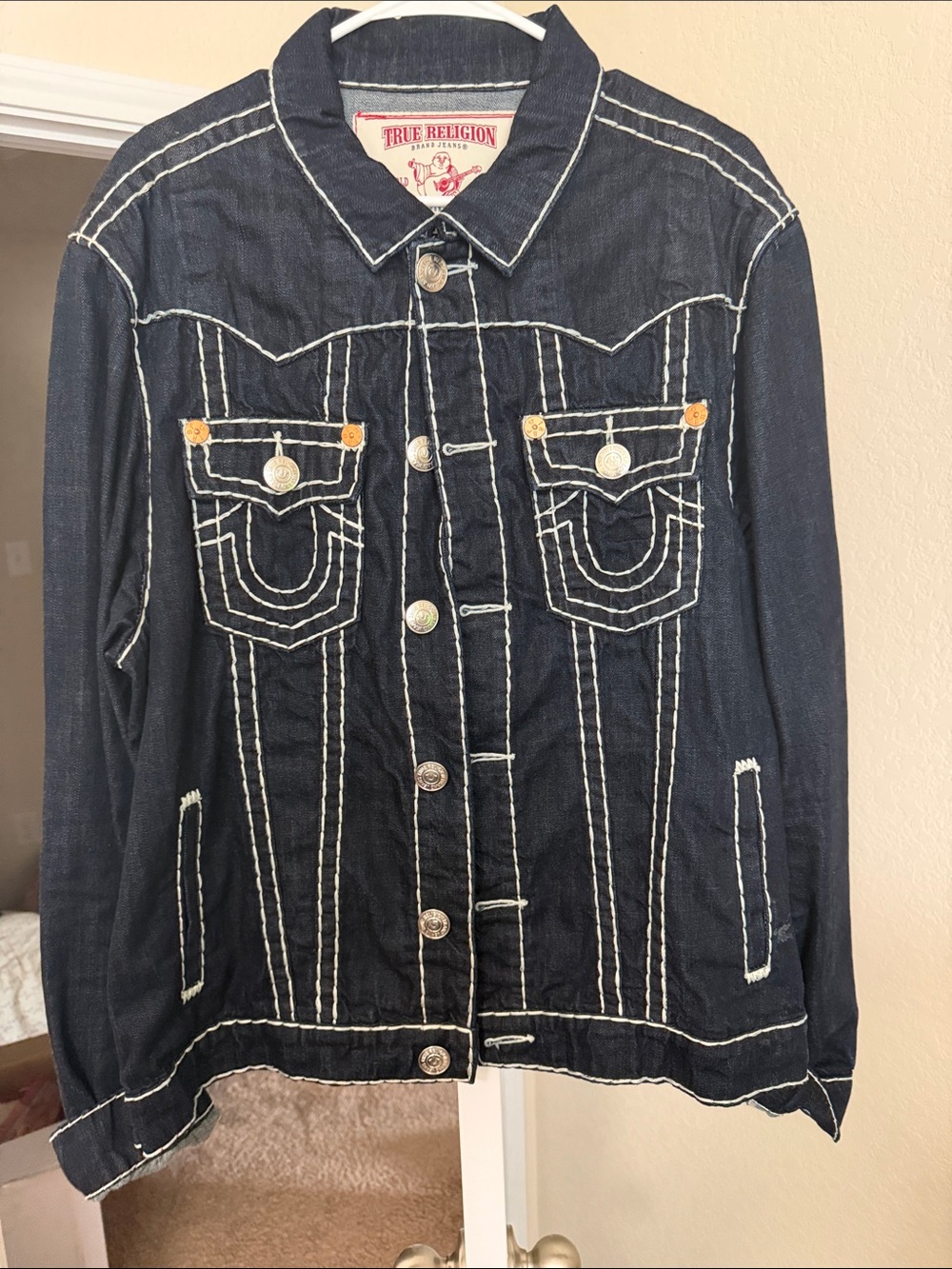 True Religion Dark Blue Denim Jacket with White Contrast Stitching